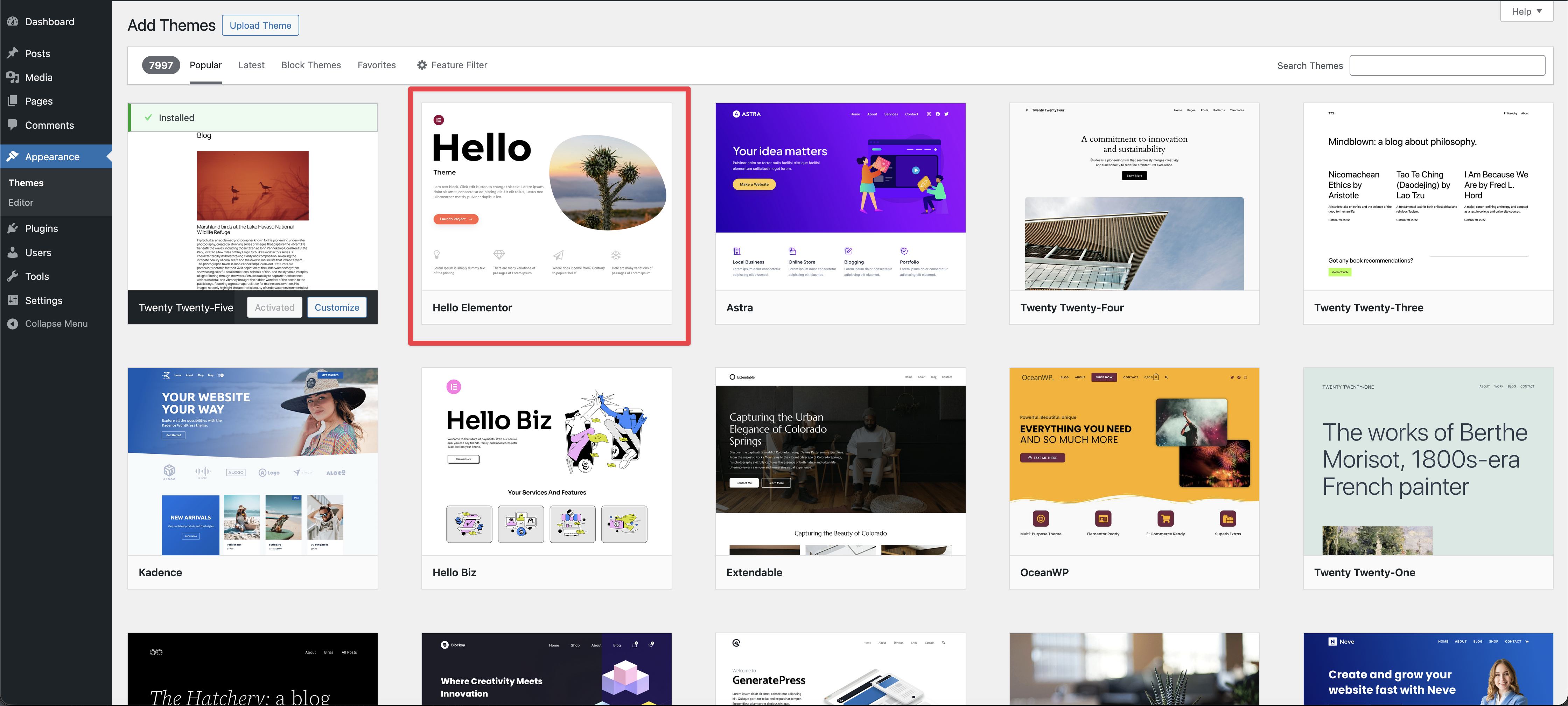 WordPress dashboard displaying various theme options, highlighted "Hello Elementor" theme.
