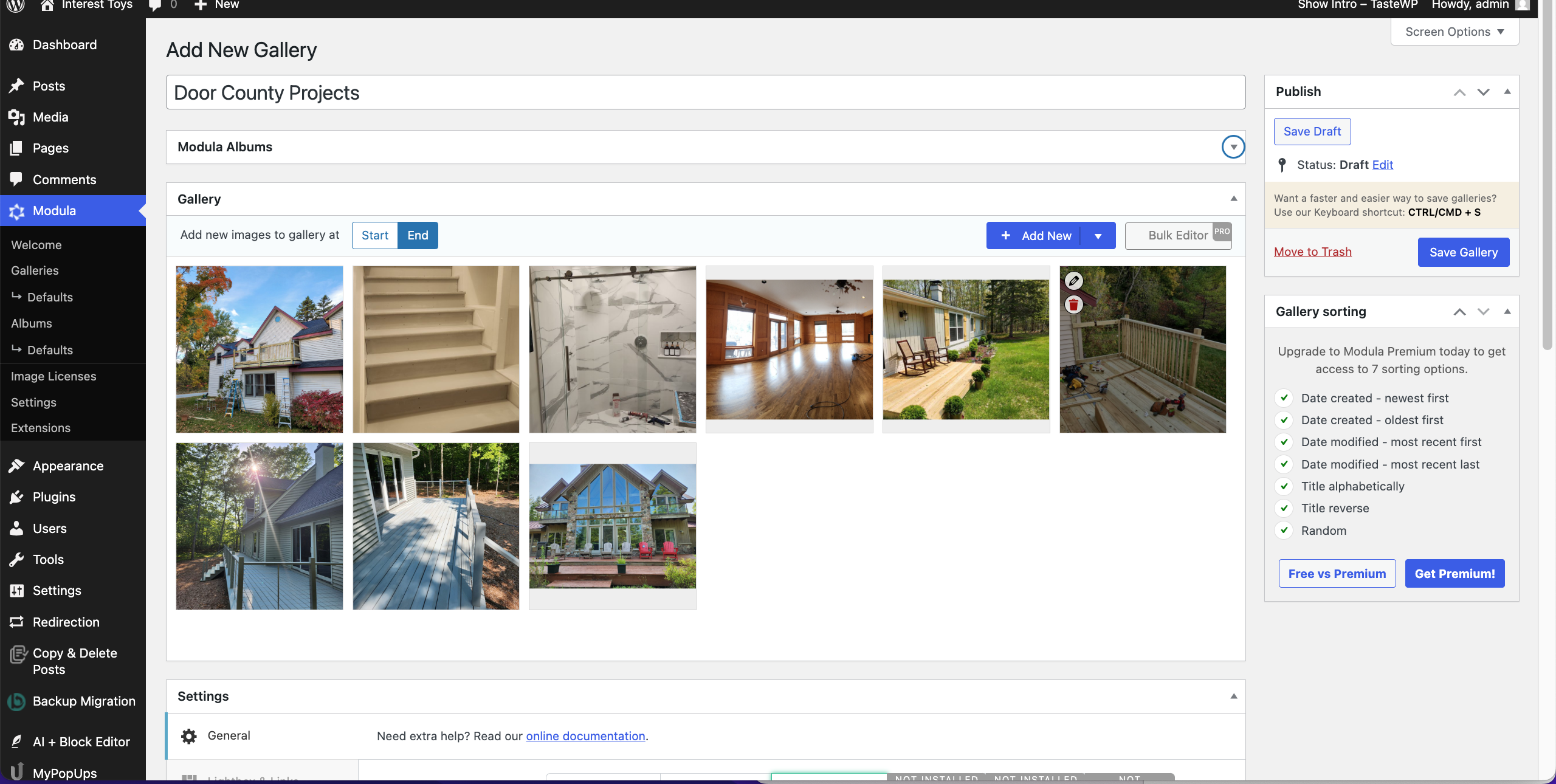 WordPress dashboard screenshot showing "Add New Gallery" with project images and options.