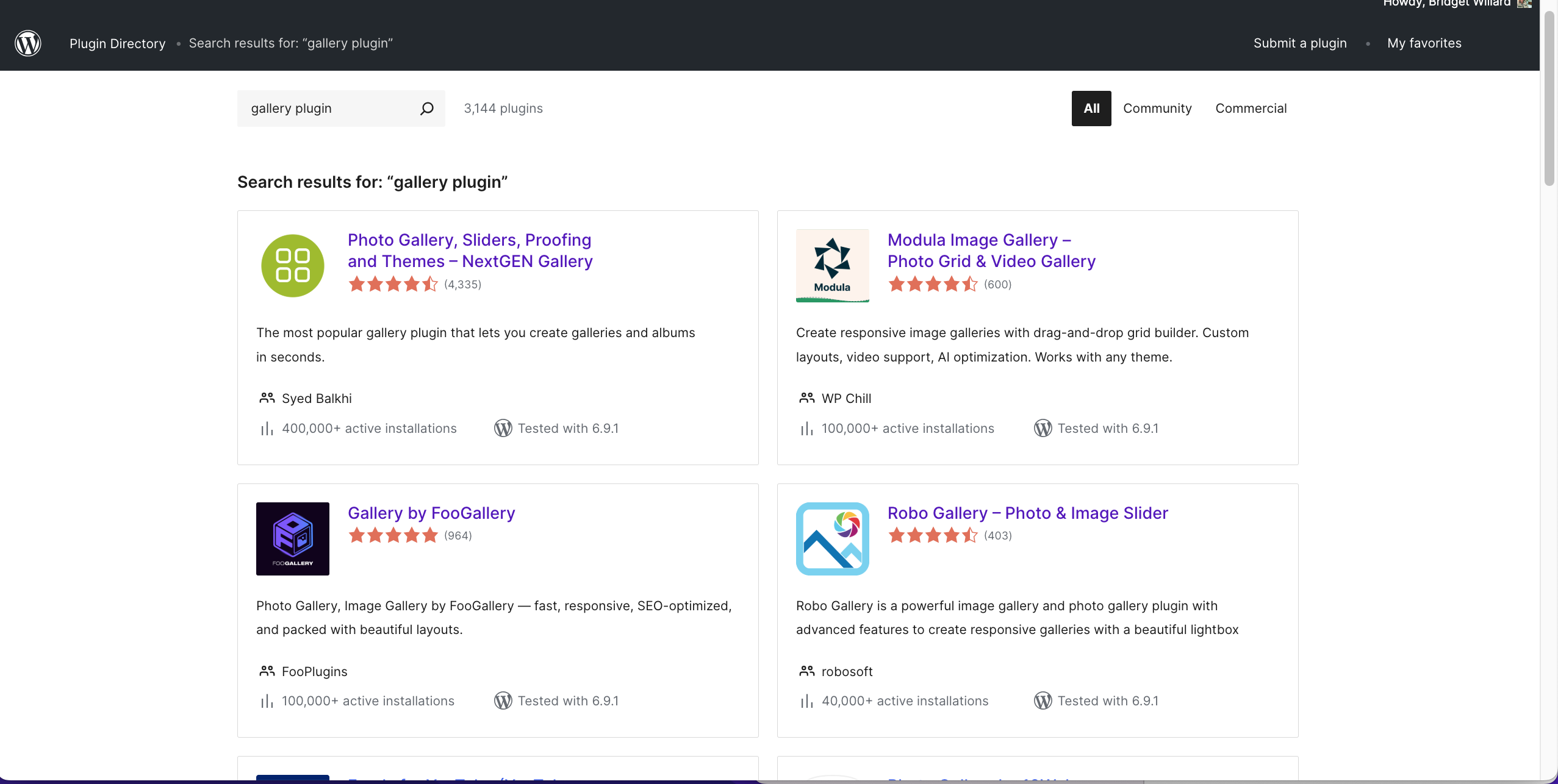 WordPress plugin directory screenshot displaying gallery plugin search results with ratings.