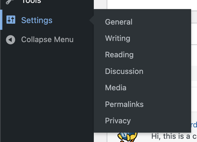 WordPress settings menu screenshot with options listed on a dark background.