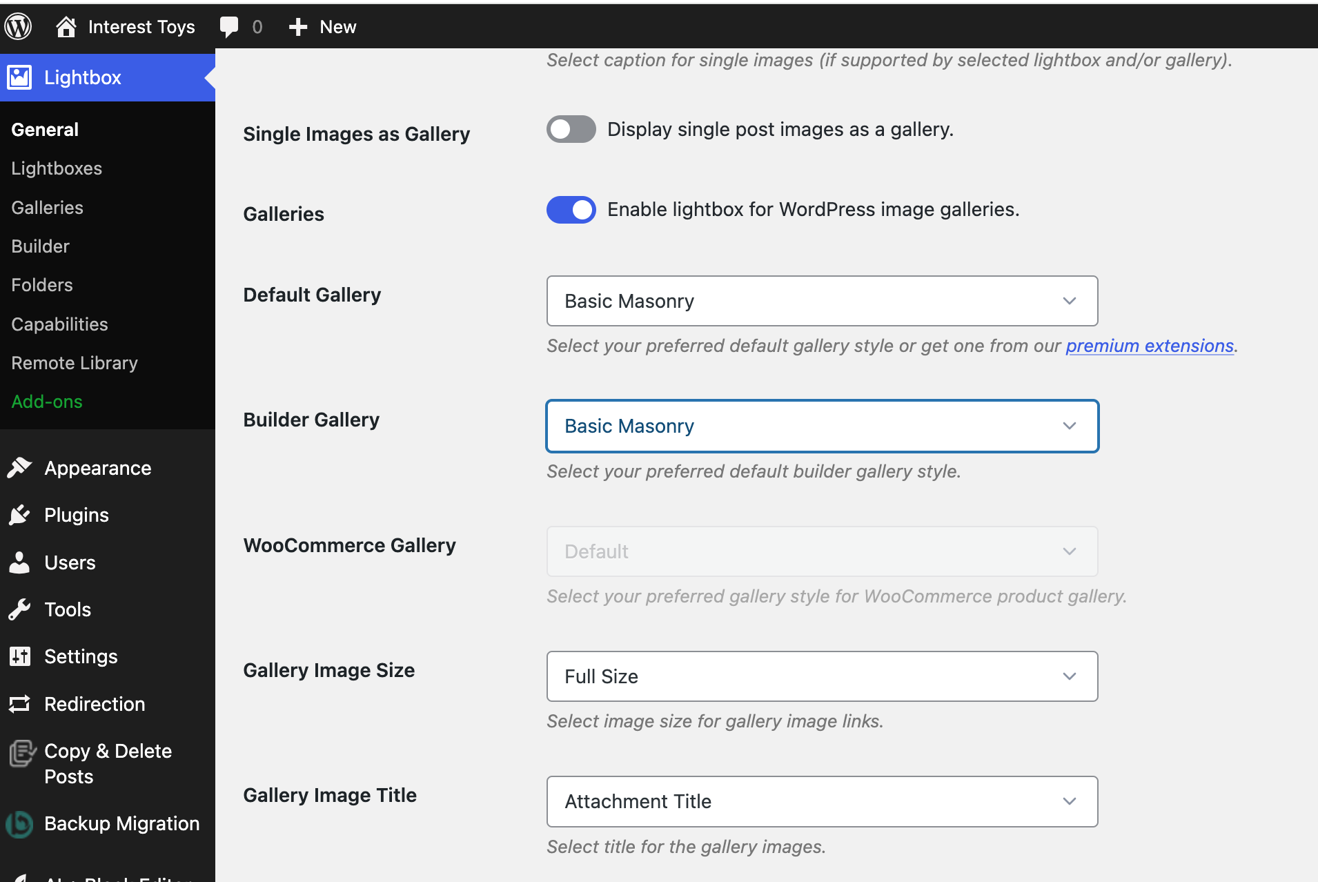 WordPress settings screenshot featuring Lightbox options, blue highlights, and sidebar menu.
