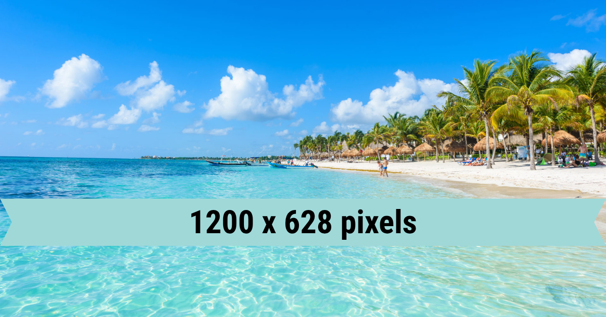 Beach scene with palm trees, turquoise water, blue sky, text overlay "1200 x