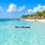 Beach scene with turquoise water, palm trees, blue sky, and "150 x 150