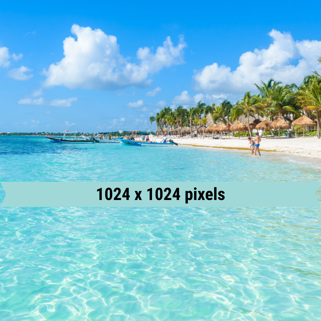 Beach scene with turquoise water, palm trees, boats, and "1024 x 1024 pixels"