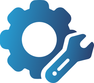 Blue gear and wrench icon, symbolizing tools, on a transparent background.