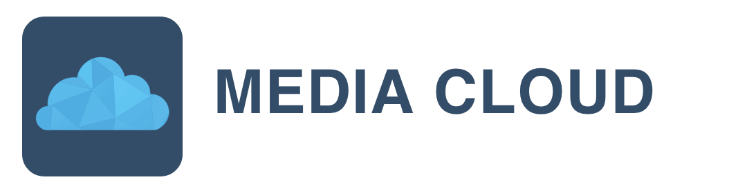 Blue geometric cloud logo with "MEDIA CLOUD" text, on dark blue background.