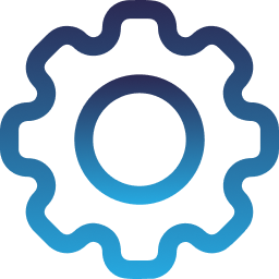 Blue gradient gear icon on white background, digital illustration, no text.