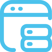 Blue icon depicting a browser window and server, digital illustration style.