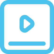 Blue play button icon, outlined square, minimalist design, no text present.