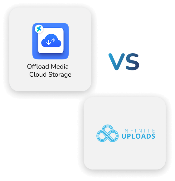 Cloud storage comparison illustration featuring "Offload Media" and "Infinite Uploads" logos.