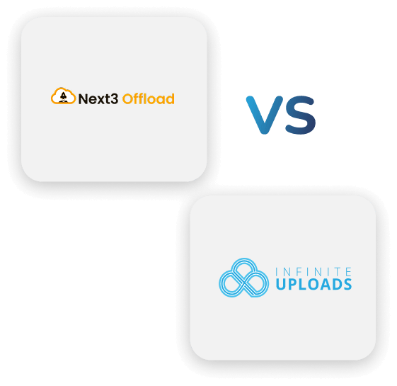 Comparison of Next3 Offload and Infinite Uploads logos with "VS" in blue.