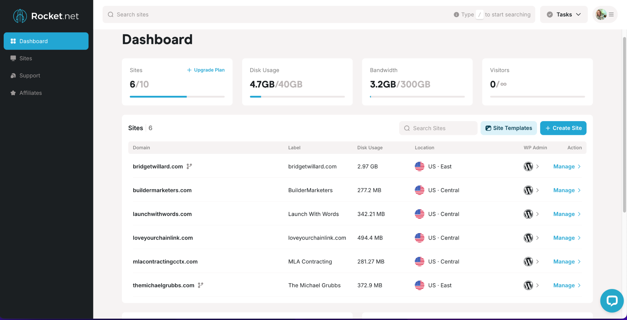 Dashboard screenshot displaying site management details, featuring Rocket.net logo, blue accents.