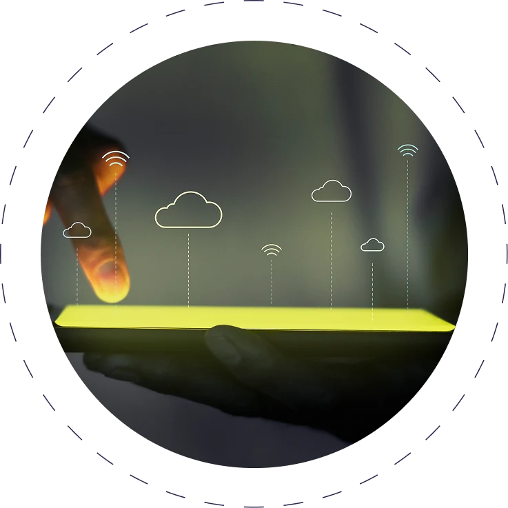 Finger touches glowing tablet, cloud icons above, dark background, digital illustration.