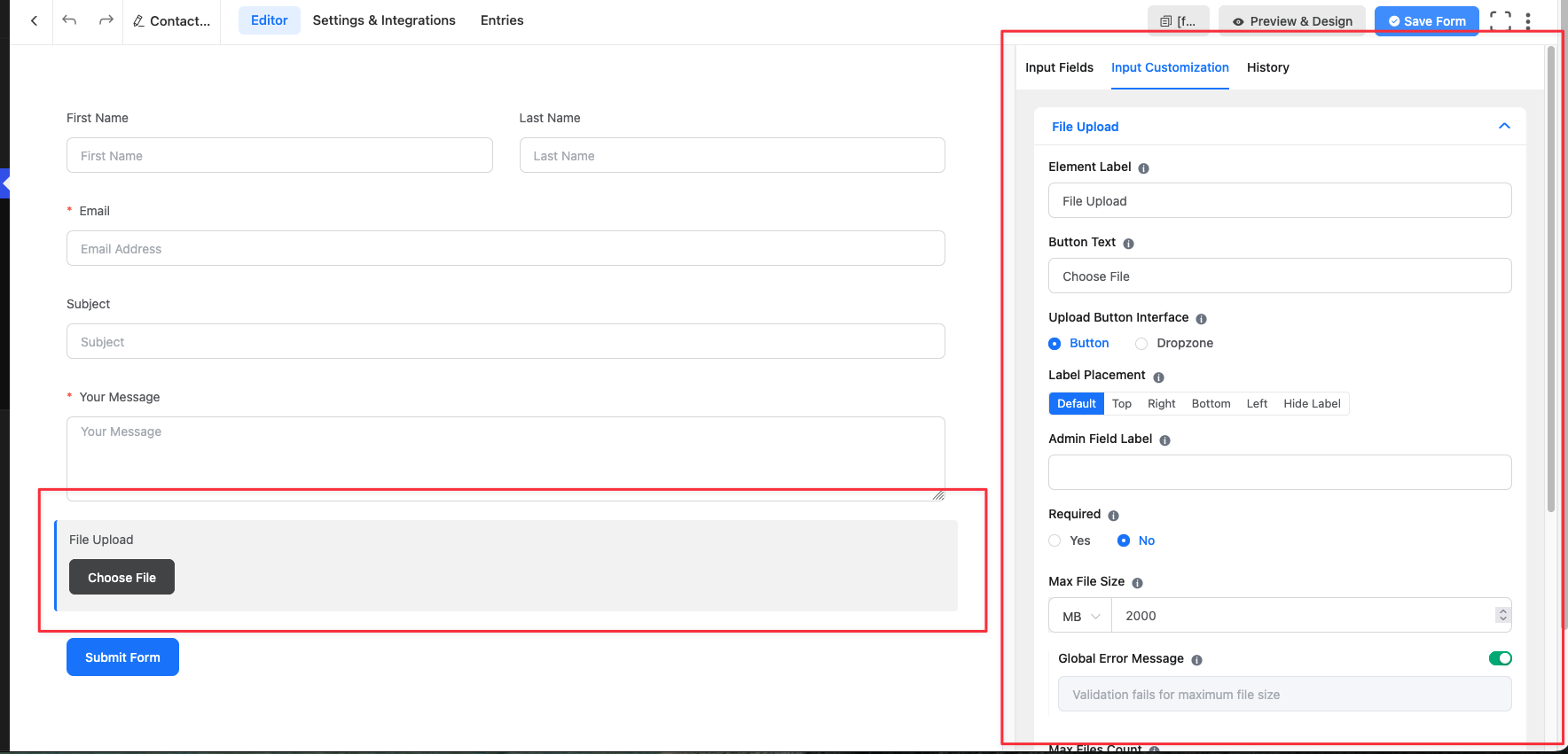 Form editor screenshot showing input fields, customization options, and "Save Form" button.