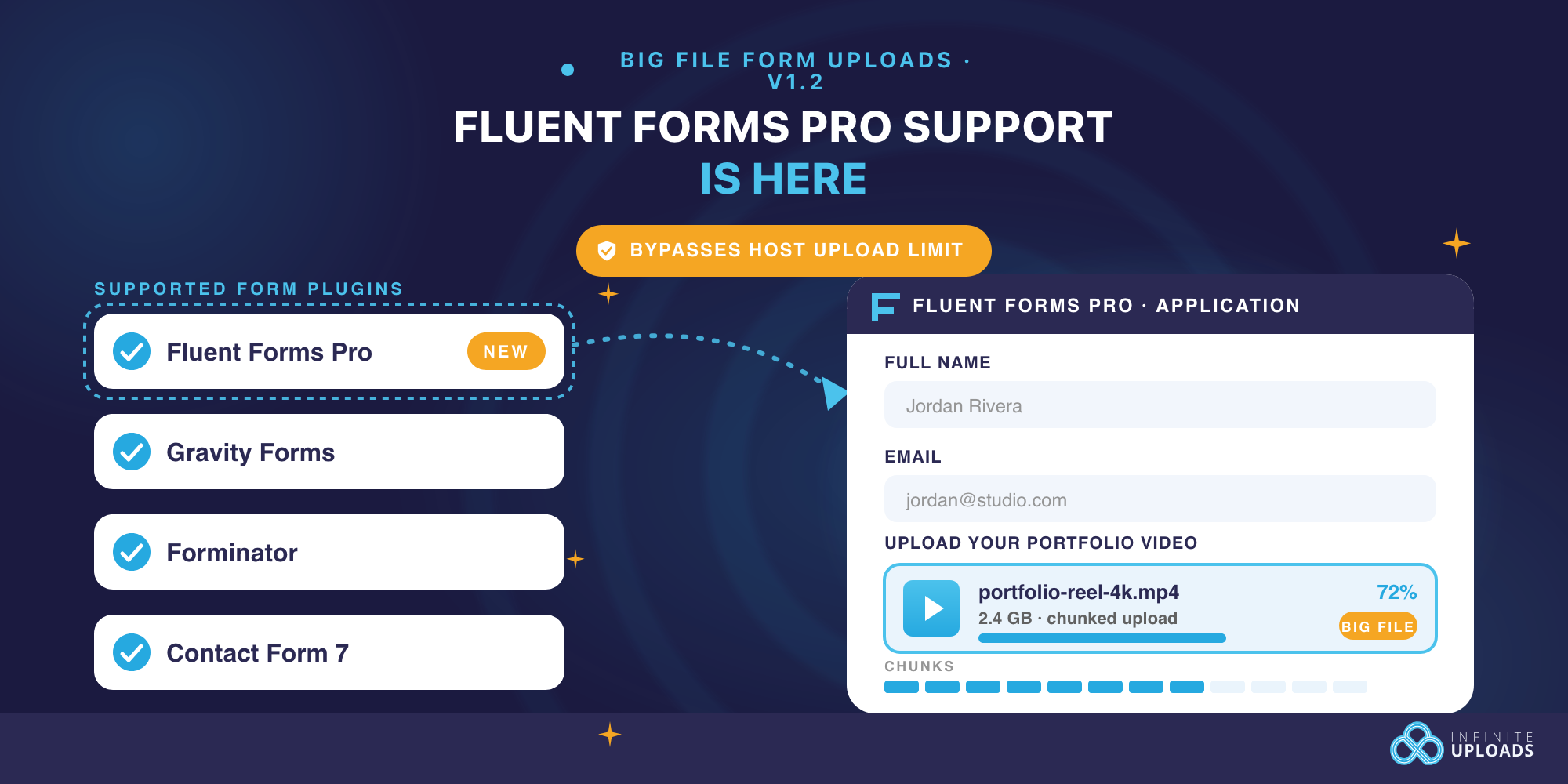 Illustration of Fluent Forms Pro support, showcasing upload features, with blue tones.