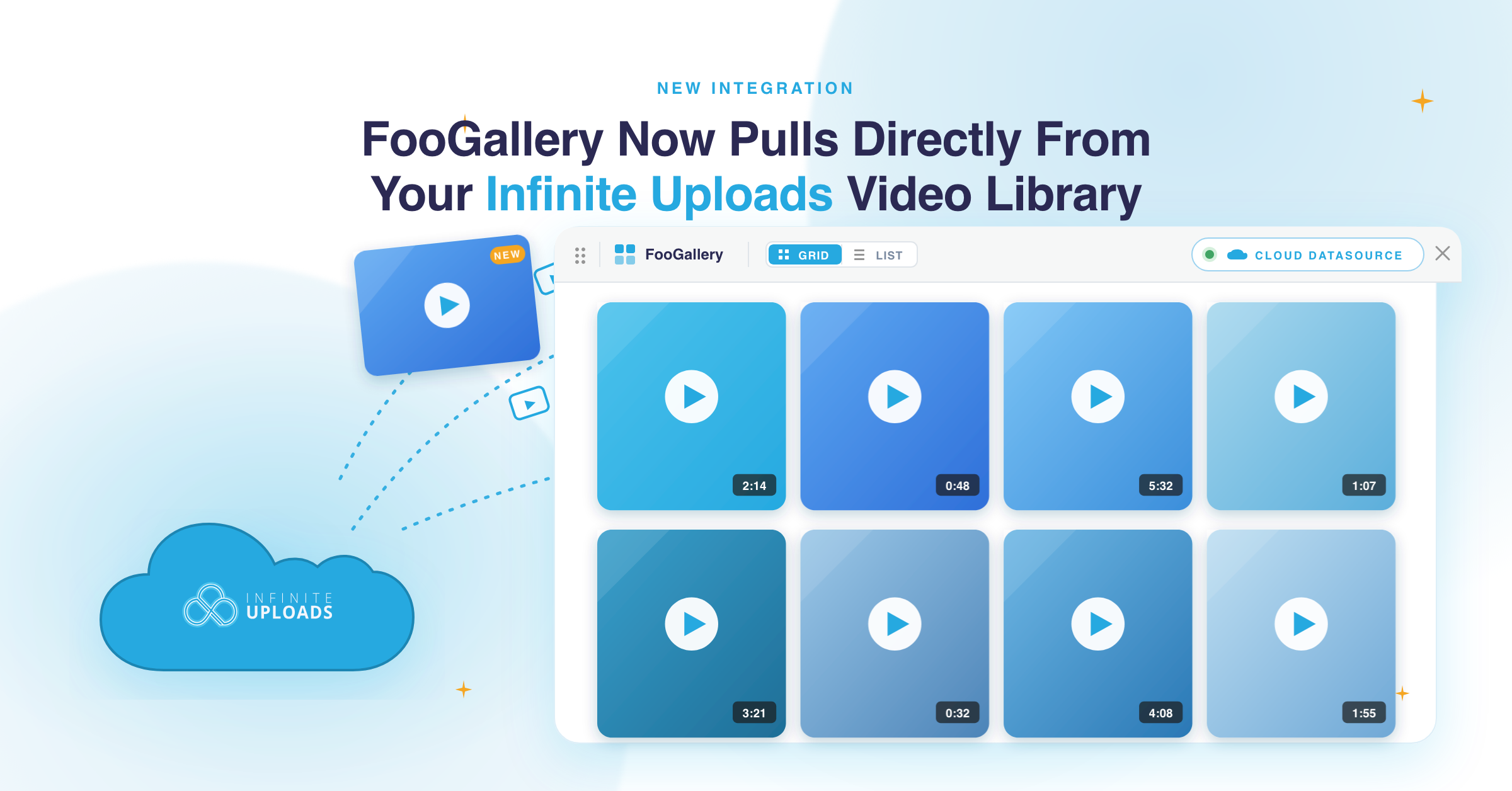 Illustration of FooGallery integration with Infinite Uploads, featuring blue video thumbnails.