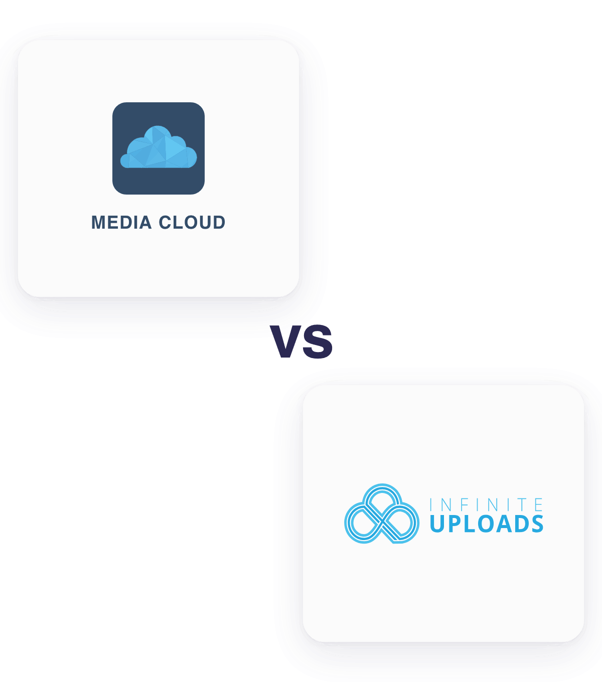 Logos of Media Cloud and Infinite Uploads compared, featuring blue cloud designs.