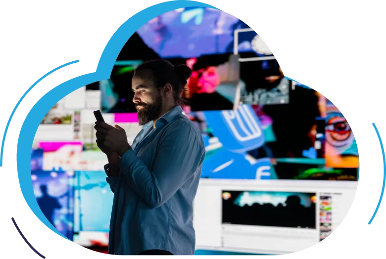 man-using-smartphone-colorful-screens-background-digital-photo-cloud-shaped-frame Man using smartphone, colorful screens background, digital photo, cloud-shaped frame.