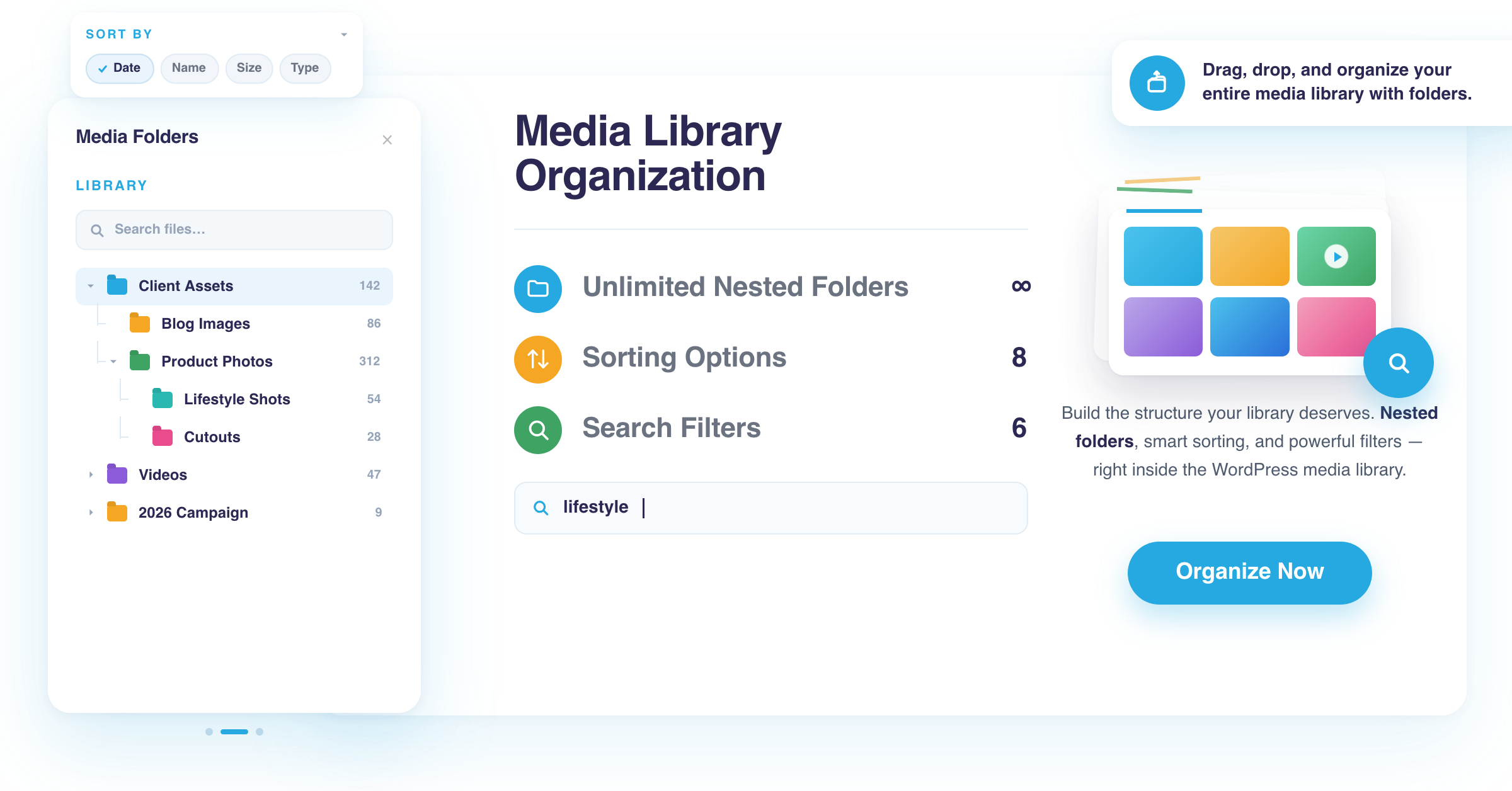 Media library interface with folders, search bar, and "Organize Now" button, screenshot.