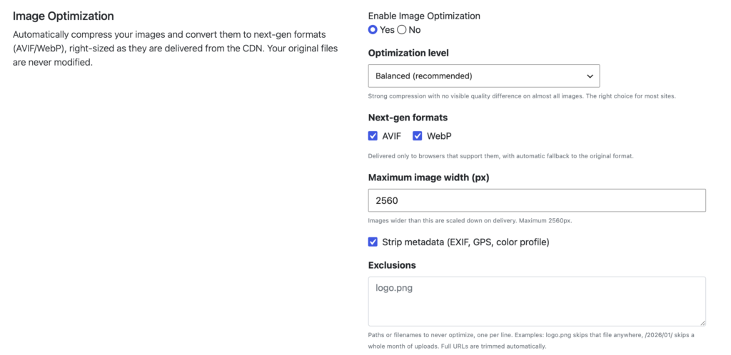 Settings interface for image optimization with options for formats and exclusions.