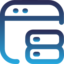 Stylized blue gradient icon of a web browser and server stack.