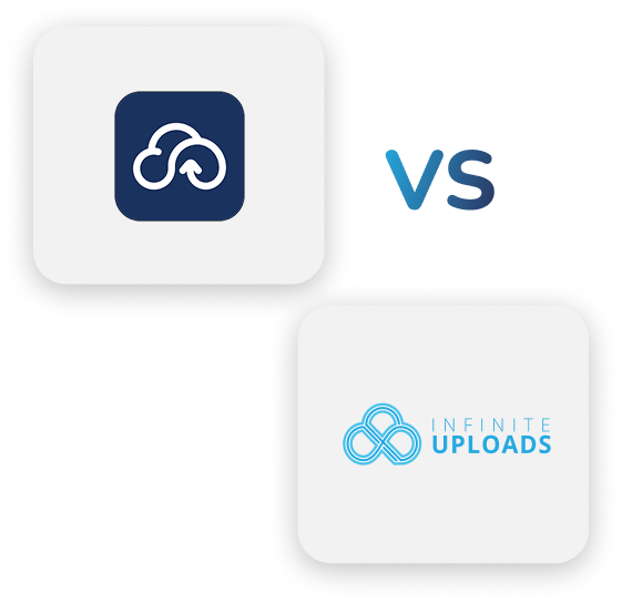 Two logos compared, dark blue icon versus "INFINITE UPLOADS" text logo.