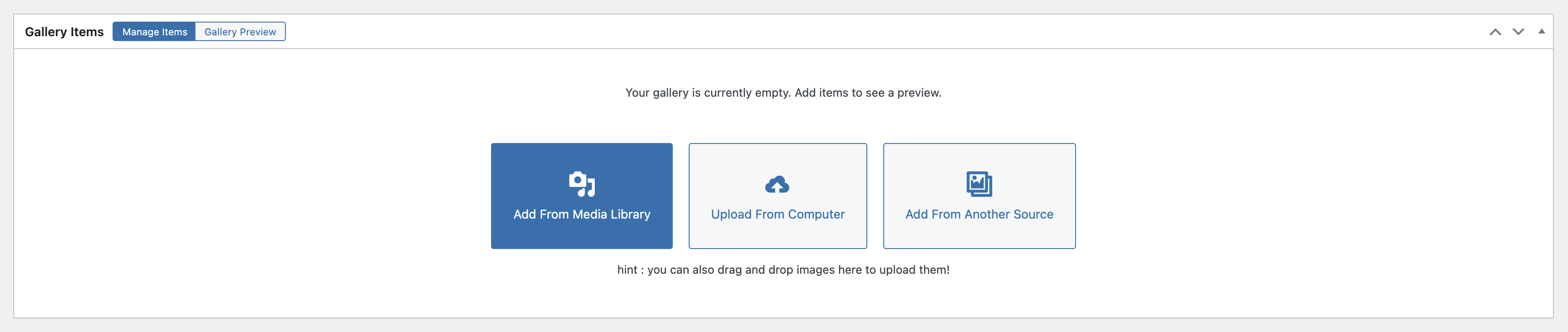 Website interface screenshot showing empty gallery with blue and gray upload buttons.