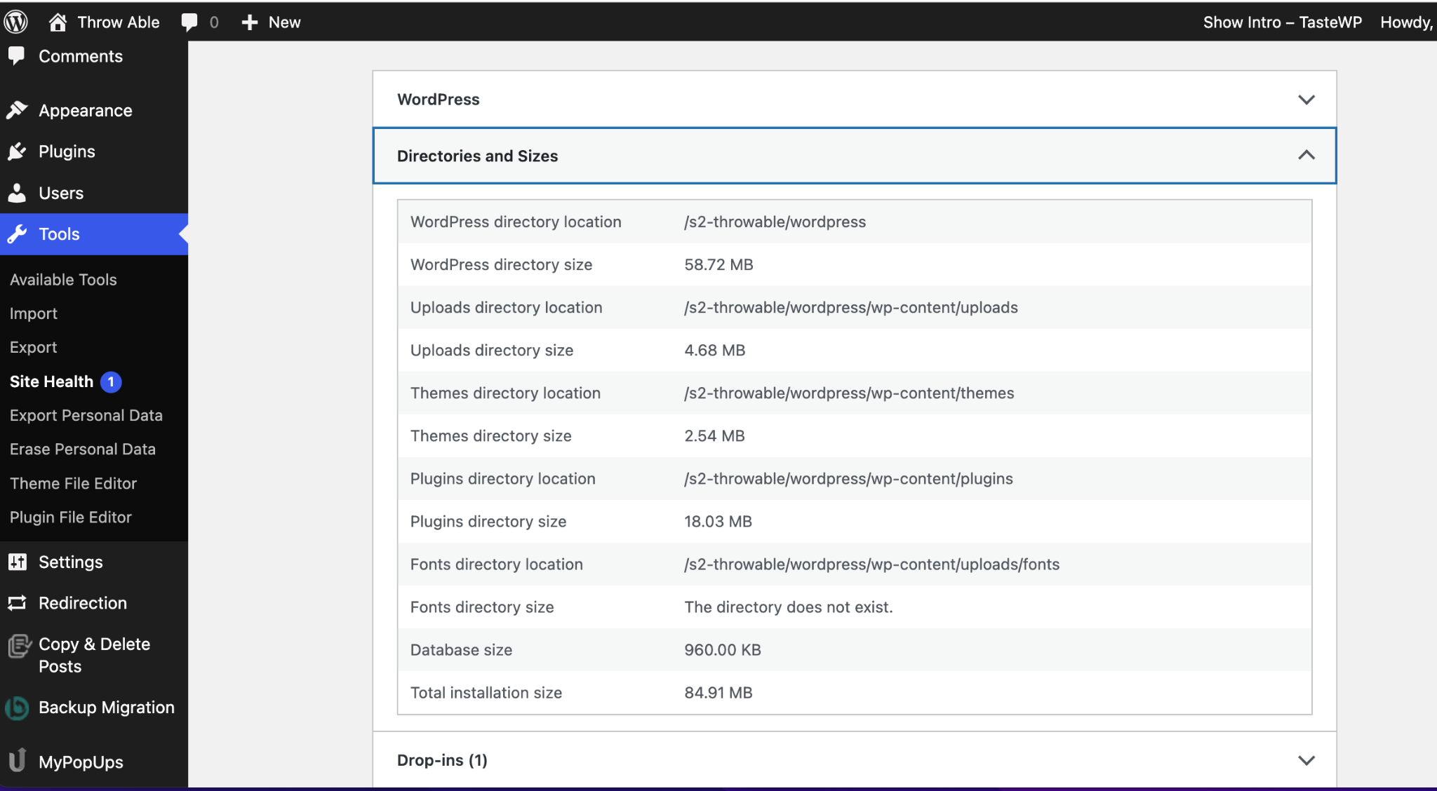WordPress dashboard screenshot showing directories, sizes, and "Site Health" menu highlighted.