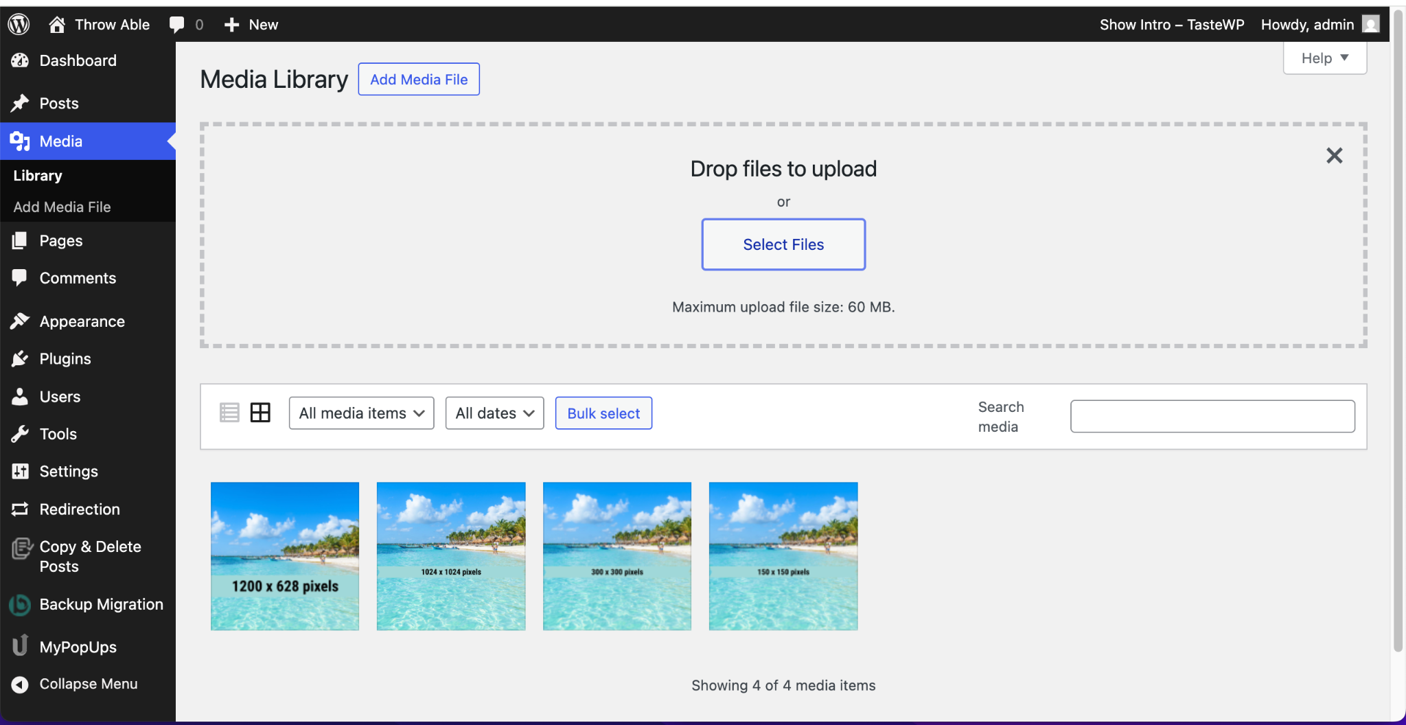 WordPress media library screenshot with image previews, blue sidebar, and upload options.