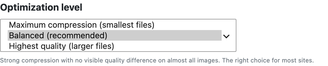 Dropdown menu displaying compression options, highlighted "Balanced," with descriptive text below.