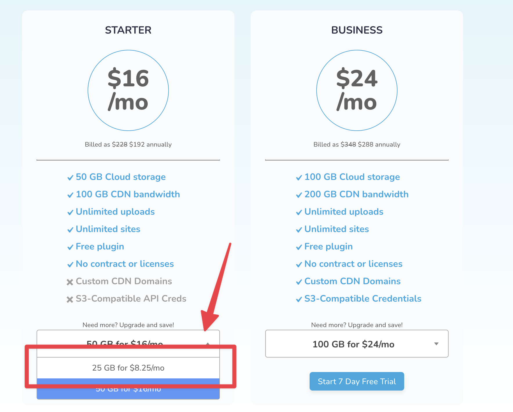 Pricing comparison chart showing Starter and Business plans, featuring blue text highlights.