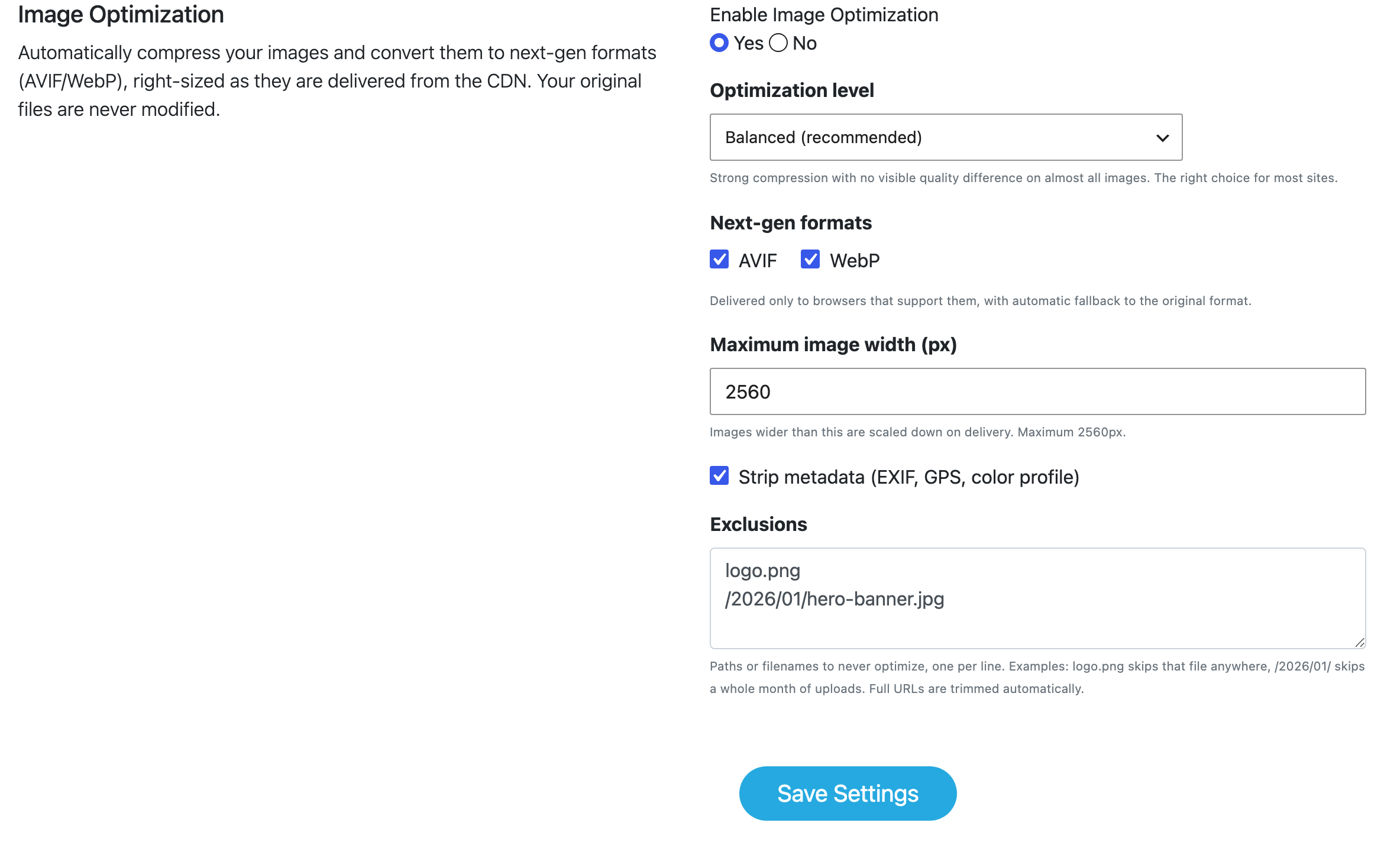 Settings interface screenshot showing image optimization options with "Save Settings" button.