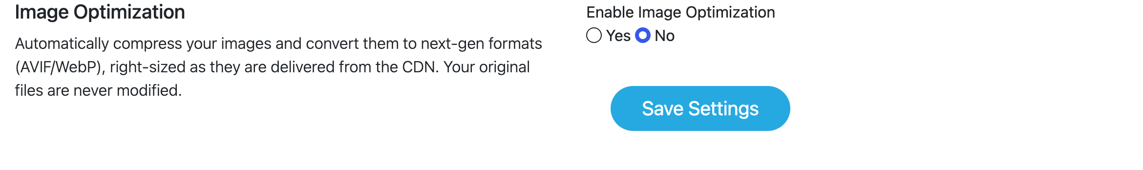 Settings interface screenshot with "Enable Image Optimization" options and "Save Settings" button.