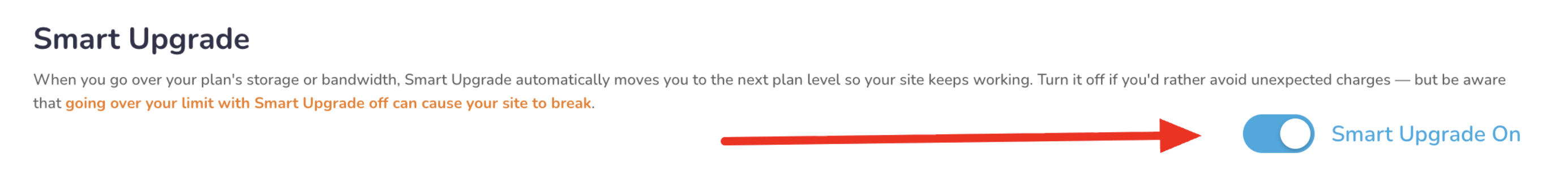 "Smart Upgrade toggle switch, blue and red text, screenshot with explanatory text."