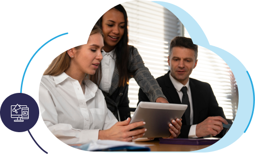 Three professionals discuss a tablet, with cloud-shaped border, in photo.