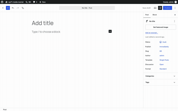 WordPress editor screenshot displaying "Add title" prompt with blue and black icons.