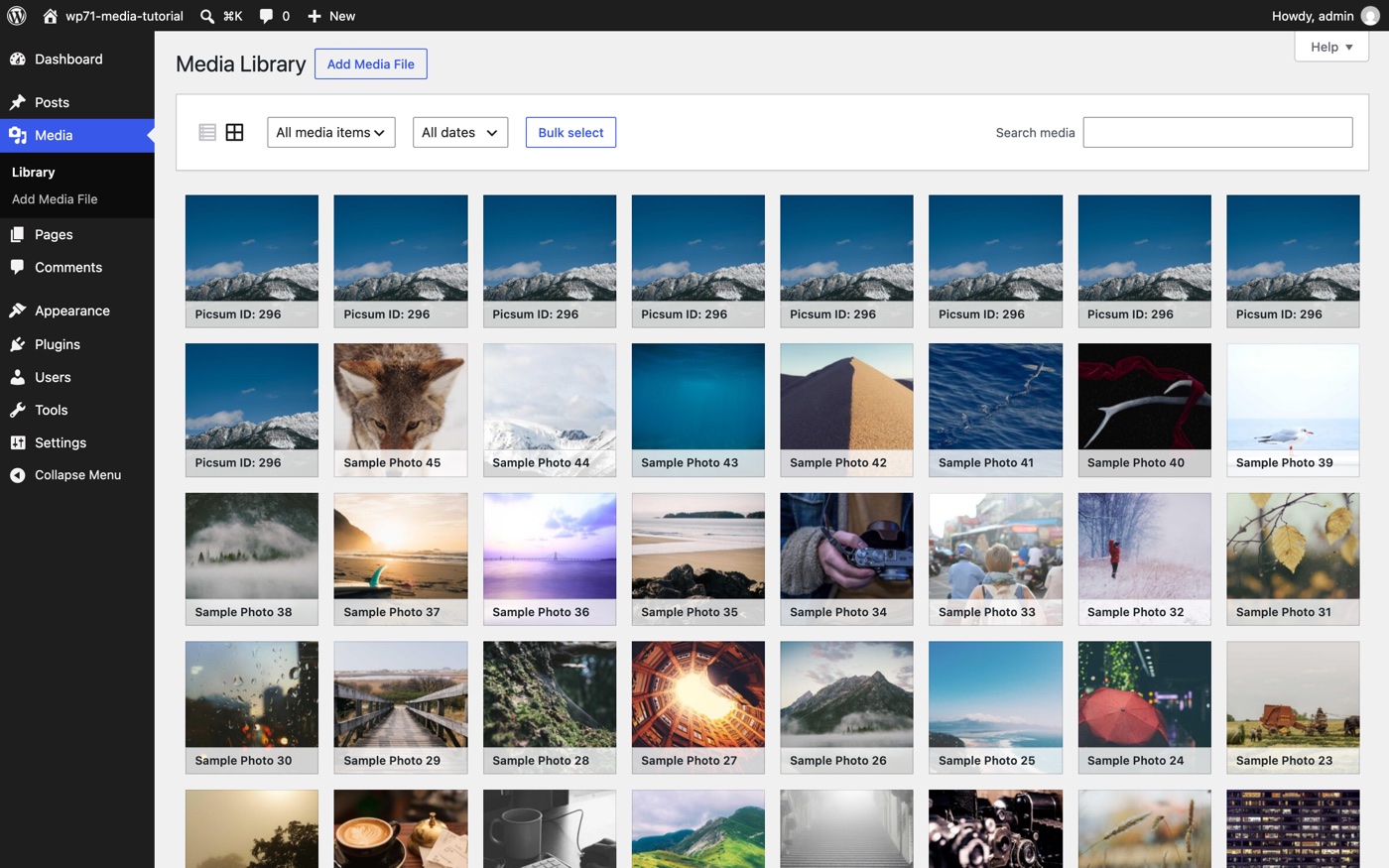 WordPress media library screenshot displaying various sample photos with titles.