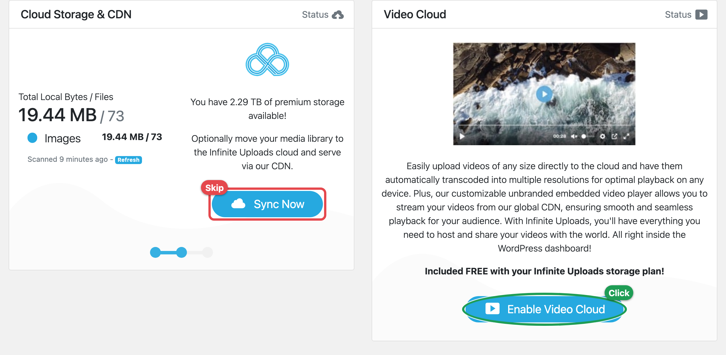 Dashboard screenshot showing cloud storage status, video cloud options, and action buttons.