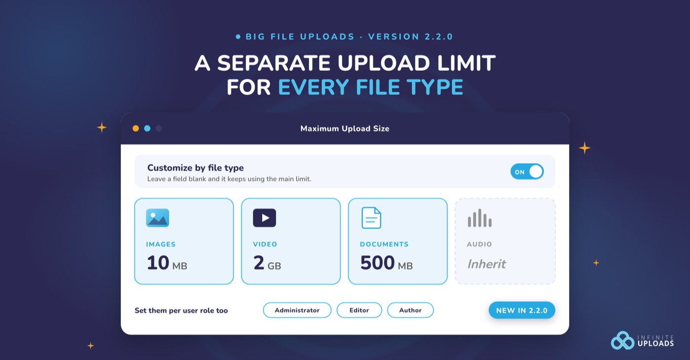 Illustration showing file upload limits with blue accents and Infinite Uploads logo.