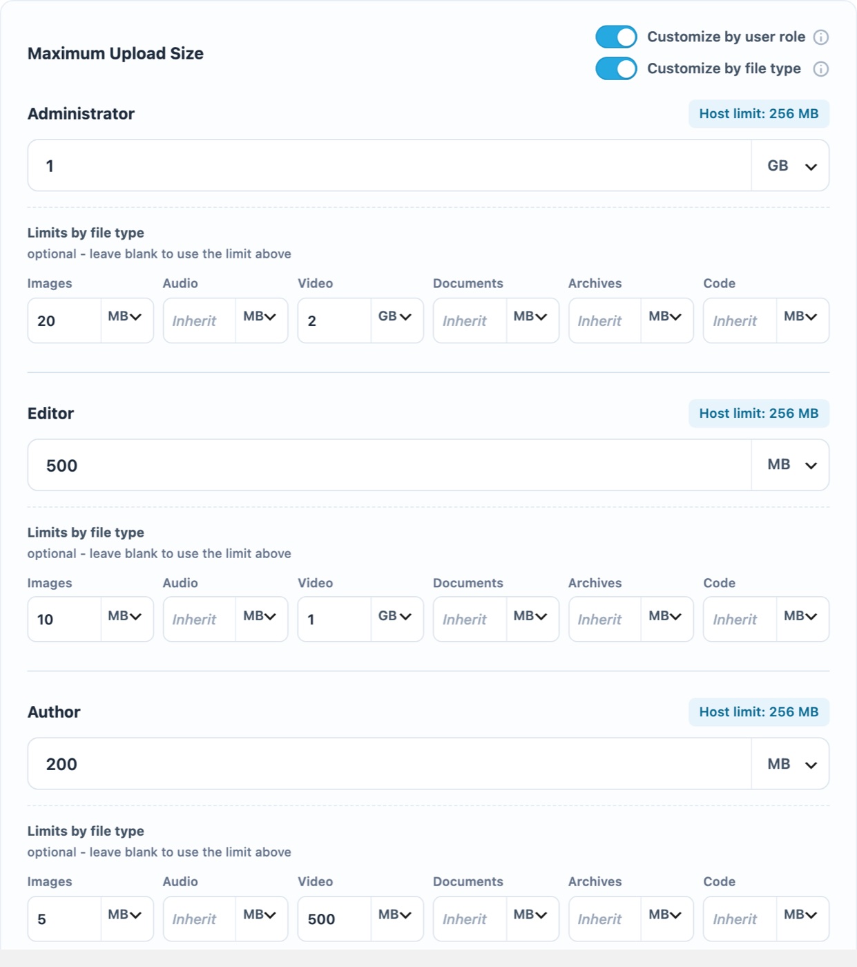 Settings interface showing upload size limits for Administrator, Editor, and Author roles.