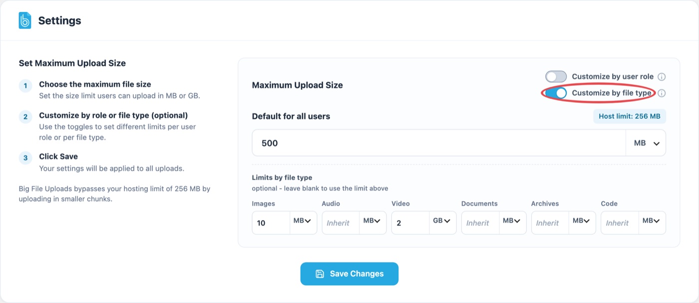 Settings page screenshot showing maximum upload size options with toggles and text.