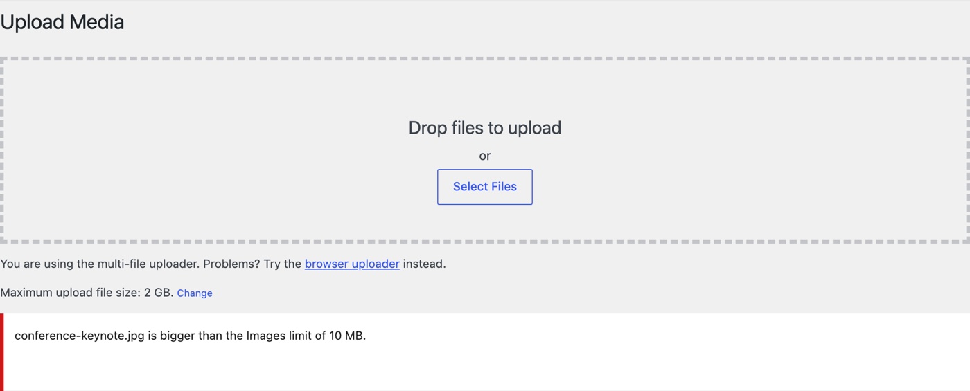 Upload interface screenshot showing file size error for "conference-keynote.jpg" exceeding 10 MB.