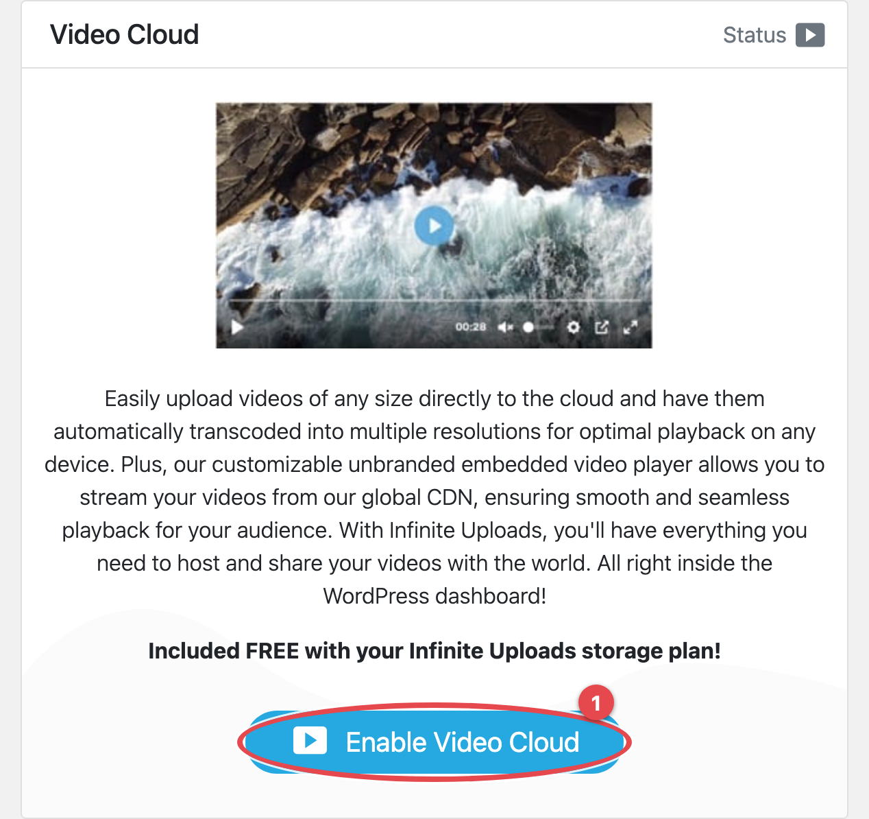 Video cloud interface with ocean thumbnail, blue button, and "Enable Video Cloud" text.