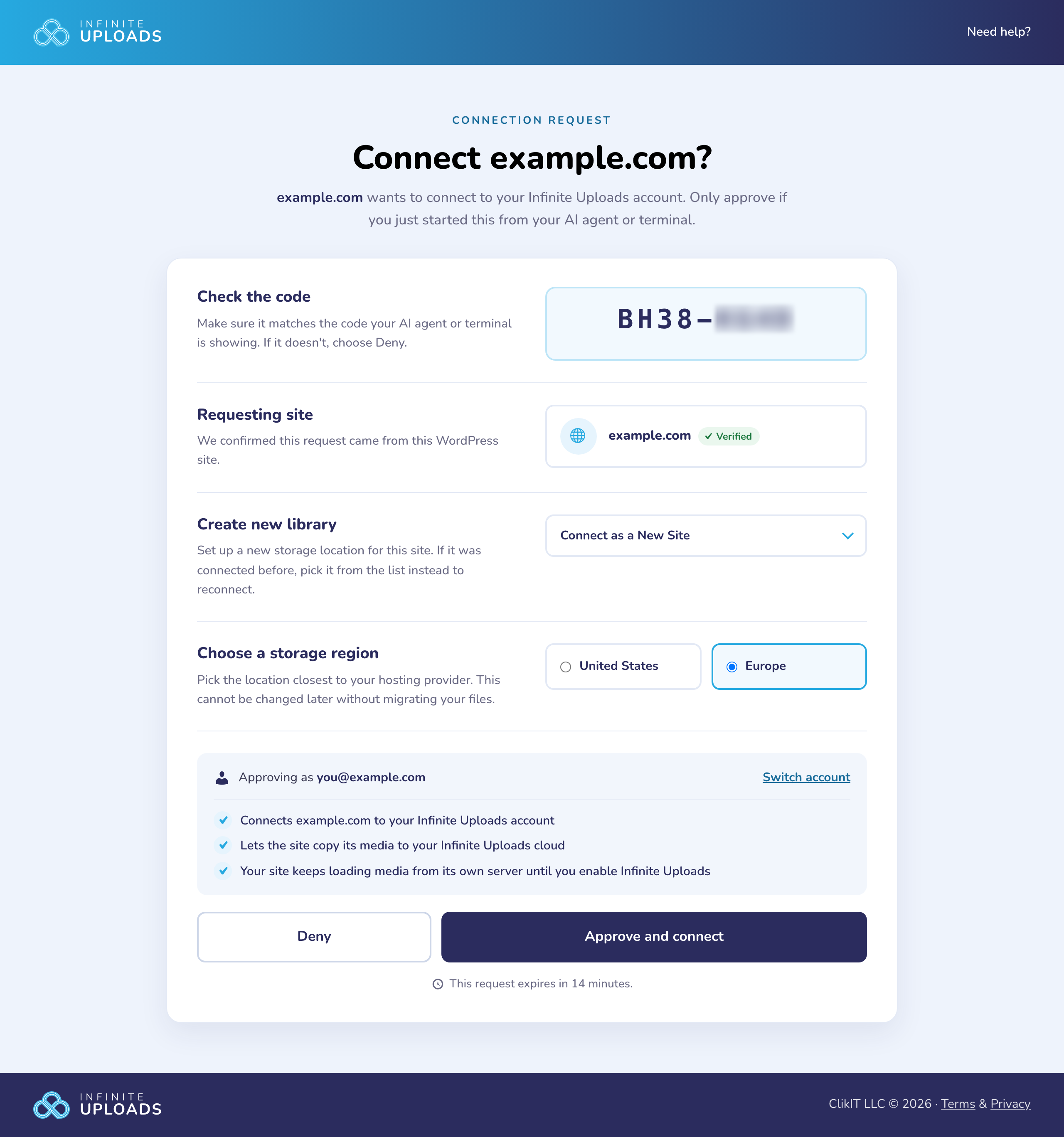 Infinite Uploads connection request page for example.com showing a partly blurred code, a Verified badge, Connect as a New Site selected, and Europe chosen as the storage region