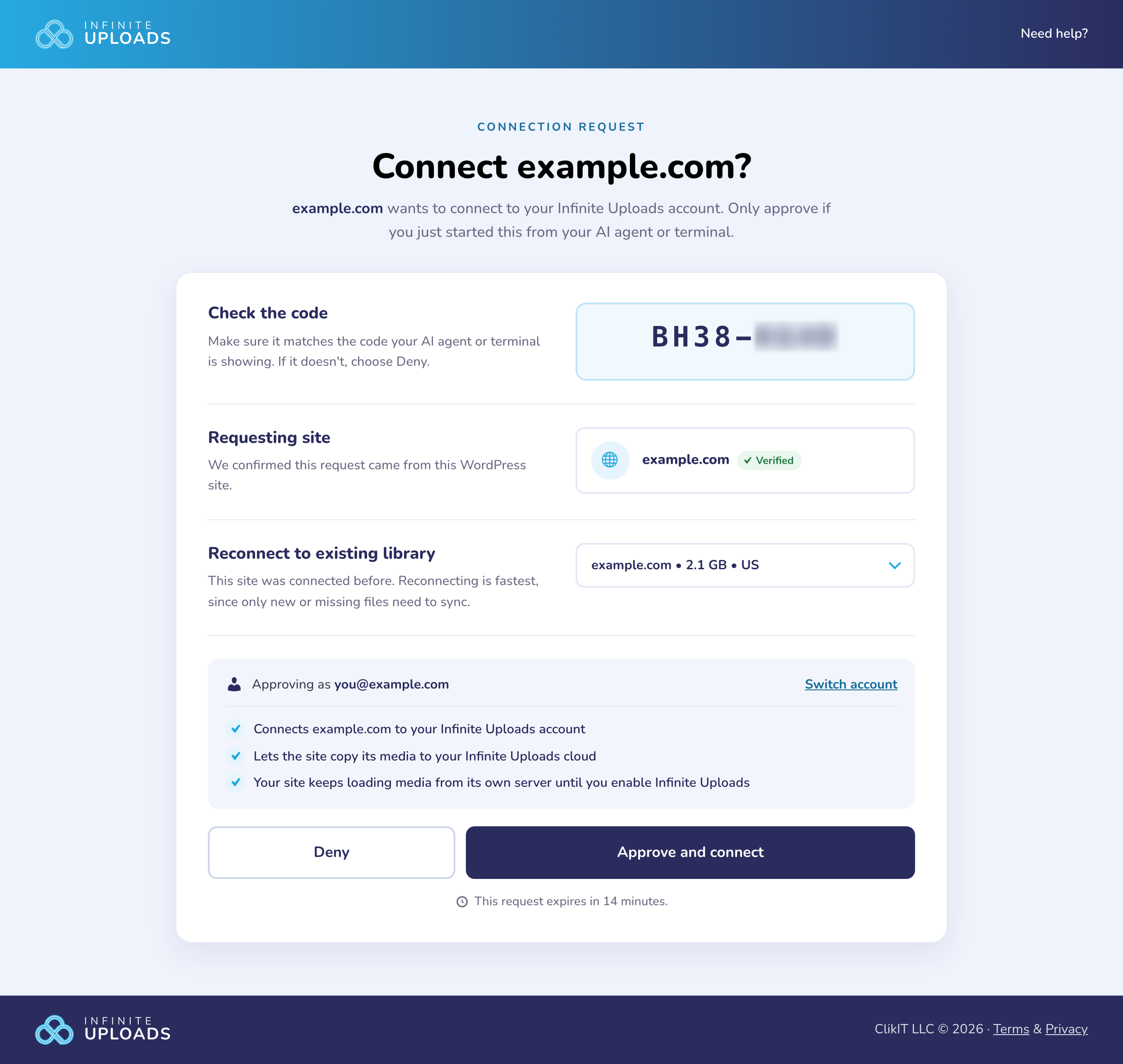 Connection request page with Reconnect to existing library preselected for example.com, a site that was connected before