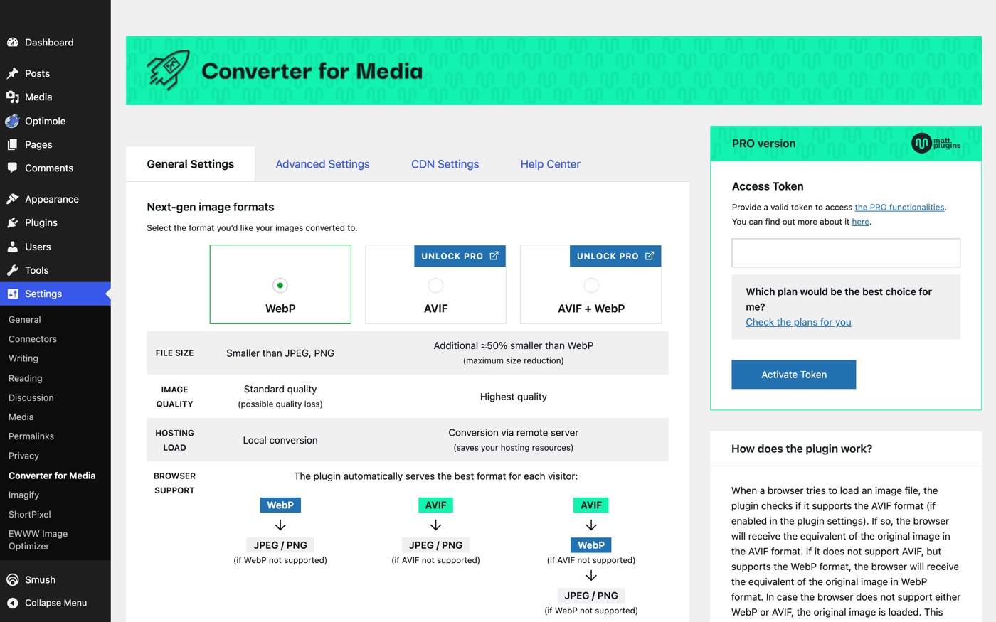 Converter for Media settings screen in WordPress with WebP output free and the AVIF options marked Unlock Pro