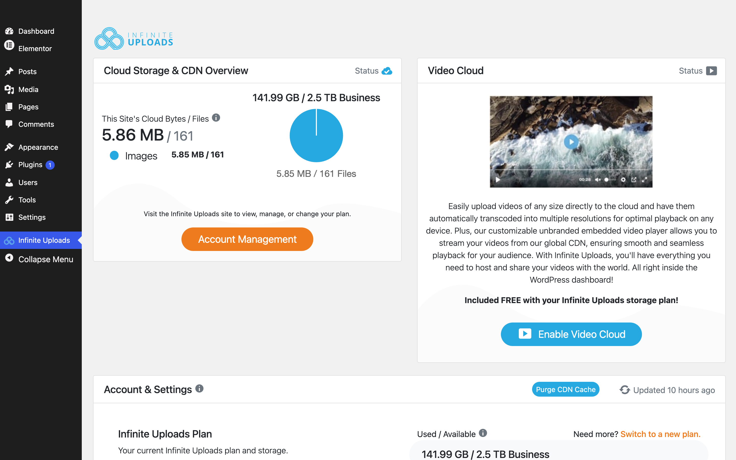 Dashboard screenshot showing Infinite Uploads cloud storage overview with blue pie chart.