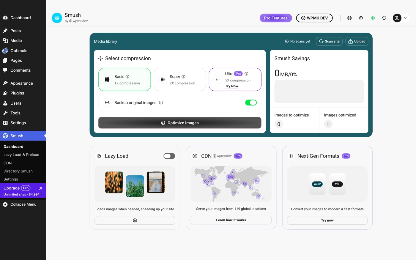 Smush dashboard in WordPress with Basic, Super and Ultra compression levels, and the CDN and Next-Gen Formats modules marked Pro