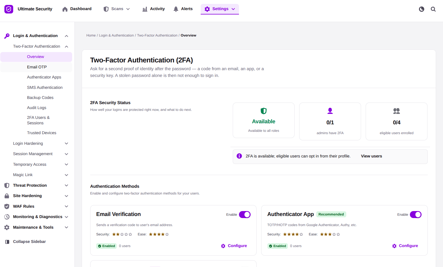 Dashboard screenshot showing two-factor authentication settings with purple and green highlights.