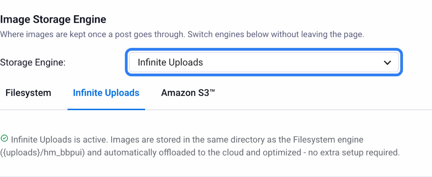 Dropdown menu screenshot showing "Infinite Uploads" selected as the storage engine.